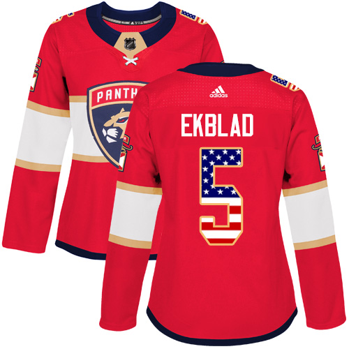 Adidas Panthers #5 Aaron Ekblad Red Home Authentic USA Flag Women's Stitched NHL Jersey - Click Image to Close